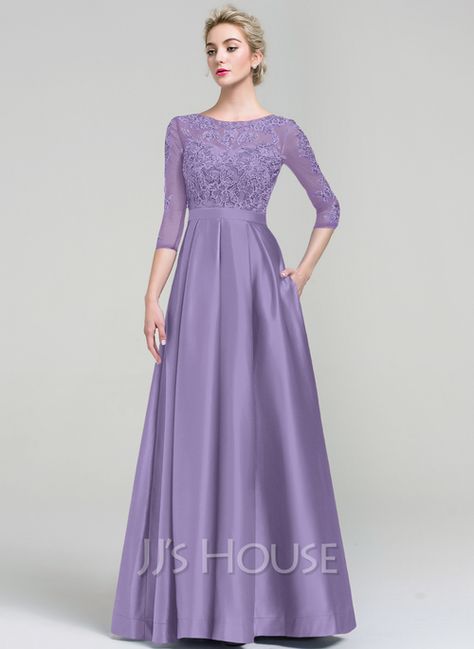 Ball-Gown Scoop Neck Floor-Length Satin Evening Dress With Pockets (017093487) - JJ's House Satin Gown Designs, Long Dress Sewing Patterns, Full Sleeve Gowns, Simple Dress Casual, Satin Evening Dress, Full Gown, Party Wear Gowns, Evening Gowns With Sleeves, Long Gown Dress