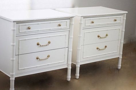 pair faux bamboo nightstands Thomasville  both sets / available for customizing /large nightstands Large Nightstands, Lacquer Dresser, Distressed Furniture Diy, Oak Nightstand, Bedside Cabinets, Furniture Movers, Bachelors Chest, White Drawers, Benjamin Moore Colors