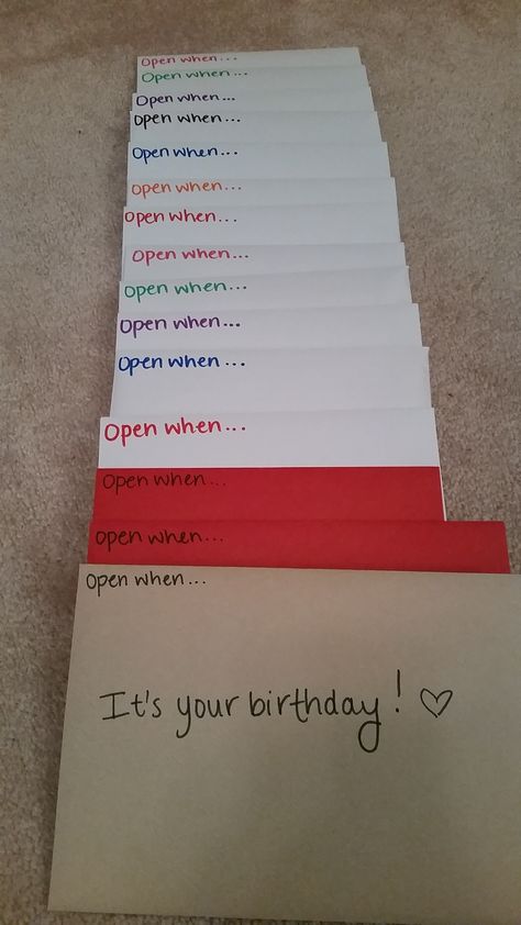 Although it isn't quite a care package, this was one of the biggest projects that I worked on for my soldier. It took me a few weeks to get it all together, but I think it was worth it! Right before my soldier left for his deployment, I gifted him with these "open when" cards all packaged up. Each card is for him to open when he is feeling whatever emotion is listed on the card. A few of them are: "open when you miss me", "open when you are feeling frustrated", "open when you miss your friends". Birthday Surprises For Friends, Birthday Surprise For Wife, Best Friend Birthday Surprise, Boyfriend Care Package, Birthday Surprises For Him, Surprise Gifts For Him, Open When Letters, You Miss Me, Birthday Presents For Him