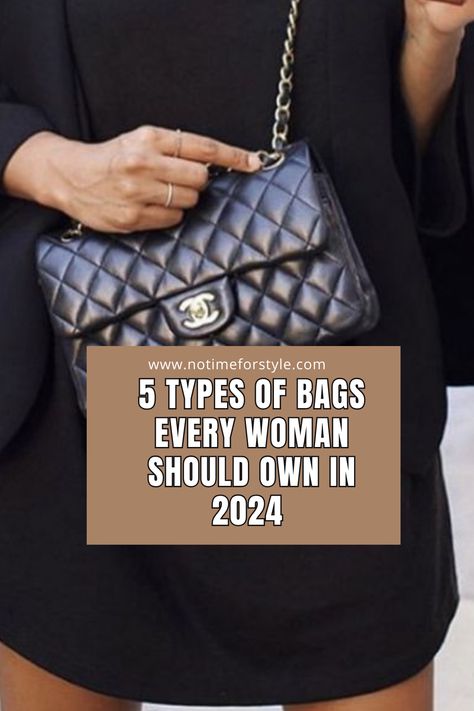 Elevate your fashion game in 2024 with our guide to the '5 Types of Bags Every Woman Should Own.' Discover must-have handbags for versatility and style. Stay chic and organized! #FashionTrends#HandbagEssentials#2024Style#WardrobeMustHaves#BagGoals#FashionInspiration#AccessorizeRight#EverydayElegance#VersatileBags#FashionistaTips Chanel Crossbody Bag Outfit, Classic Chanel Bag Outfit, Best Chanel Bags, Bags For Wedding Outfit, Quiet Luxury Purse, Fashion Bags 2024 Trend, Must Have Designer Bags, Channel Handbags, Classic Chanel Bag