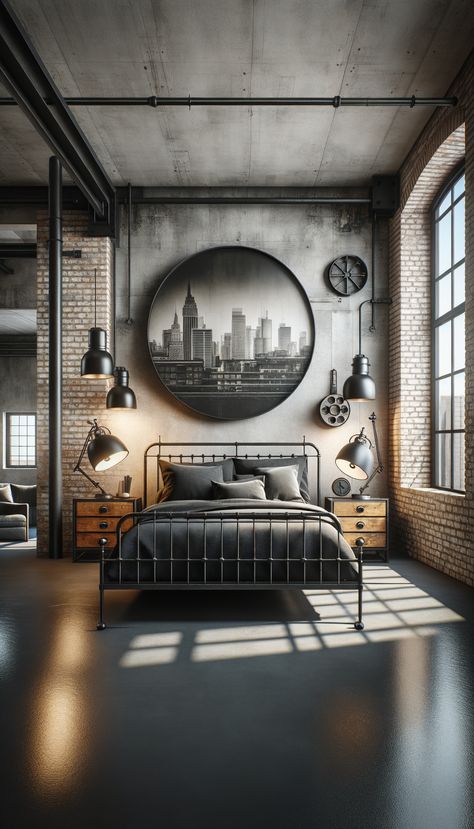 Industrial bedroom with exposed brick walls, metal bed frame, dark gray linens, and black throw pillows. Nightstands are made from reclaimed wood with vintage lamps and metal sculptures. Cityscape photograph above the bed, round black-framed mirror on the wall, polished concrete flooring, and factory-style windows with black blinds and white curtains for natural light. Industrial Bedroom Ideas, Zen Bedroom Ideas, Black Blinds, Industrial Bedroom Design, Industrial Style Bedroom, Distressed Wood Furniture, Mid Century Modern Scandinavian, Industrial Style Lighting, Industrial Bedroom