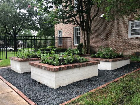 Raised Garden Bed Brick, Brick Raised Beds Garden, Masonry Raised Garden Beds, Brick Planter Ideas Raised Beds, Tiled Raised Garden Beds, Brick Veggie Garden Bed, Diy Brick Garden Bed, Cinderblock Garden Bed, Formal Vegetable Garden Raised Beds