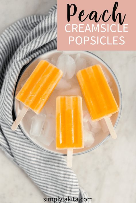 Peach Creamsicle Popsicles are a homemade frozen treat that can be made with minimal ingredients. Keep cool for the heat with a delicious, fun, flavorful batch this summer. simplylakita.com #popsiclerecipe #peachrecipe Peach Creamsicle, Ice Cream On A Stick, Peach Popsicles, Easy Keto Dessert Recipes, Easy Keto Dessert, Recipes Grill, Pumpkin Coffee Cakes, Rainbow Ice Cream, Summer Vegetables