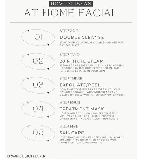 How I do an At-Home Facial in 5 Steps (for glowing skin) - Organic Beauty Lover Deep Facial Cleaning Steps, Home Facial For Glowing Skin Steps Diy, Facial Process Step By Step, Glowing Facial At Home, How To Do Your Own Facial At Home, Home Facials For Black Women, At Home Facial Products, How To Give A Facial At Home, Facial Order Of Application