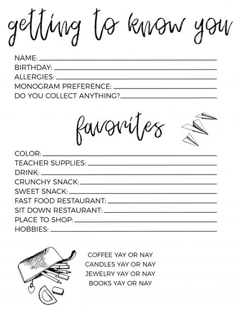 Back To School Prep | Teacher Survey Secret Pal Questionnaire For Coworkers, Teacher Favorites Printable, Secret Pal Questionnaire, Prep Teacher, Teacher Questionnaire, Grants For Teachers, Back To School Prep, Teacher Morale, Sunshine Committee