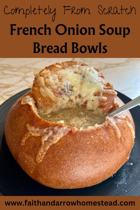 This recipe combines two individually delicious things: French onion soup and bread bowls. Combine them and these French onion soup bread bowls will blow you away. Bread Bowl Recipes, Onion Soup Bread, Soup Bread Bowl, Buffalo Chicken Bread, Soup And Bread, Homemade French Onion Soup, Soup Bread, Homemade Bread Bowls, Easy Homemade Bread