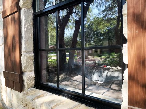 DIY Black Painted Windows — Lone Oak Design Co. Diy Black Window Frames Exterior, Painting Aluminum Windows, Plant Windows, Black Painted Windows, Chalet Aesthetic, Addition Exterior, Black Windows Exterior, Reno House, Exterior Upgrades