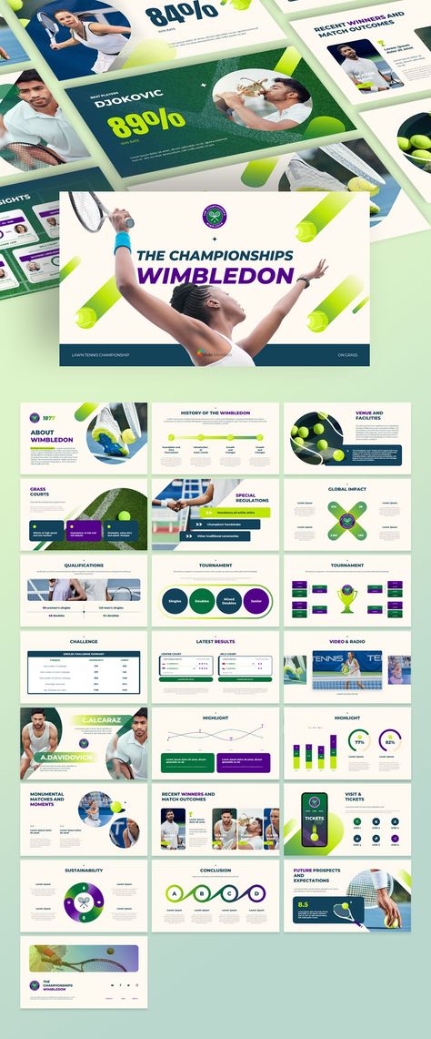 Wimbledon Theme related PPT Templates. Get your own editable pre-designed slides. #SlideMembers #Wimbledon #Championships #Tennis #Sports #Match #Game #Tournament #London #England #IBM #Event #Player #Racket #Grass #Court #Green #Trophy #Infographics #Diagram #Multipurpose #Proposal #Layout #Report #Cover #PPT #Portfolio #TemplateDesign #FreePowerpoint #FreePresentation #PowerpointTemplate #Presentation #Templates #FreeTemplate #Slides #GoogleSlides #PowerPoint #freePPT #PPTdownload #Keynote Sports Ppt Template, Sports Presentation Design, Proposal Presentation Design, Sports Ppt, Sports Presentation, Product Pitch, Report Infographic, Proposal Layout, Event Proposal Template