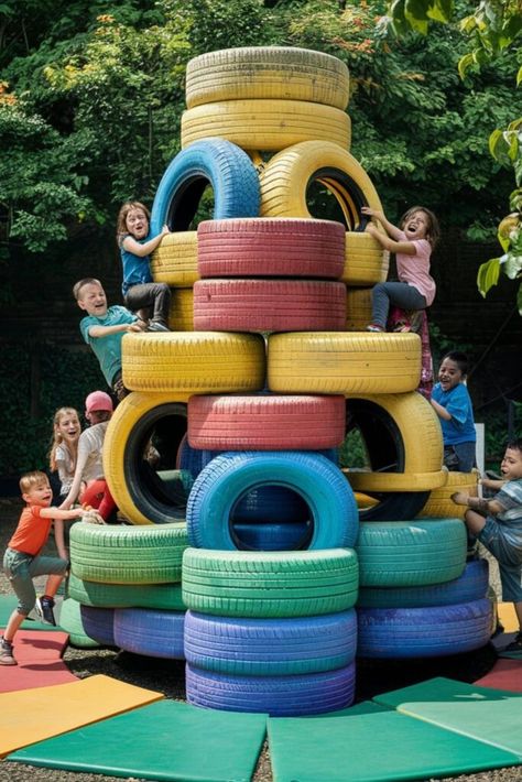 Tire Designs Diy Ideas, Tire Playground Ideas, Old Tires Ideas Diy, Old Tires Ideas, Tyre Ideas, Tire Ottoman, Tire Playground, Tires Ideas, Old Trampoline