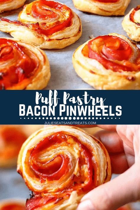 Puff Pastry Appetizers are so delicious and easy! These easy and fast, Bacon and Cheddar Puff Pastry Pinwheels are fast and easy to make! So tasty they are perfect for parties and family gatherings! #julieseatsandtreats #appetizers #appetizer #puffpastry Cheddar Puff Pastry, Puff Pastry Appetizers Easy, Bacon Pinwheels, Puff Pastry Bacon, Pastry Pinwheels, Puff Pastry Pinwheels, Pastry Pizza, Easter Food Appetizers, Puff Pastry Appetizers