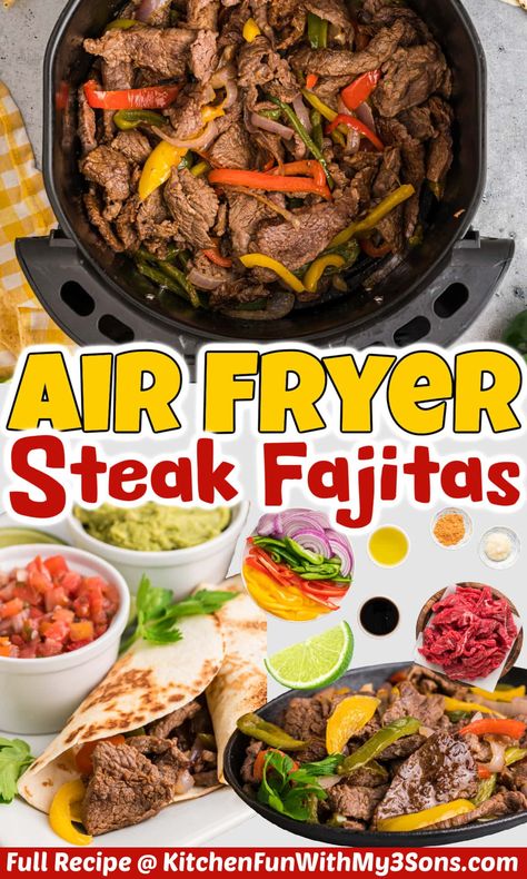 This recipe for Air Fryer Steak Fajitas is so fast and yummy! These steak fajitas are bursting with bold flavors and delicious veggies - all made in your air fryer! Air Fryer Steak Fajitas, Steak Fajitas Recipe, Air Fry Steak, Fajitas Recipe, Air Fryer Steak, Veggie Snacks, Airfryer Recipes, Fajita Recipe, Steak Fajitas