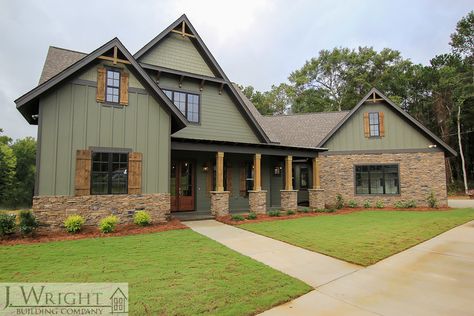 Beautiful custom-built home with nature-inspired colors and materials on Indian Lake in Pelham, AL Sage Green House Exterior, Sage Green House, Exterior Cabin, Cabin Colors, Green House Exterior, Cabin Exterior, Tropical Home Decor, Exterior Paint Colors For House, Casa Container