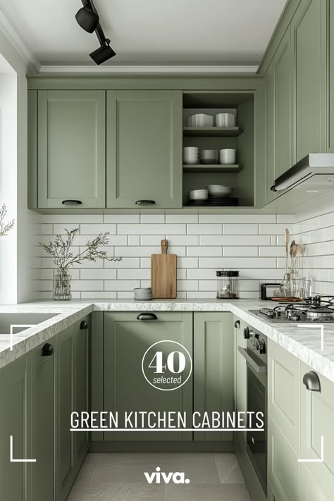 ♥ Are you dreaming of a kitchen with a unique touch? Explore the beauty of these green kitchen cabinets, featuring shades like sage, dark, olive, and light green. Pair them with black, pewter, or even antique accents for a stunning look. Perfect for those seeking kitchen decor and design inspiration! 🌿🏡 #kitchencabinets #kitchenideas #kitchendecor #kitcheninspiration #kitcheninteriors #kitchendesignideas #kitchenislandideas #kitchencolors #kitchencountertops 🌟 Gray Kitchen With Black Hardware, Olive Color Cabinets, Green Kitchen Ideas Farmhouse, Green Kitchen With Black Hardware, Backsplash With Green Cabinets Kitchen, Light Green Kitchen Aesthetic, Sage Green Galley Kitchen, Kitchen Design Sage Green, Green Kitchen With White Cabinets