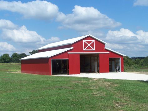 Red metal sided barn Shop Building Ideas, Metal Garage Buildings, Metal Shop Building, Metal Barn Homes, Post Frame Building, Steel Barns, Barn Shop, Barn Garage, Shop Buildings