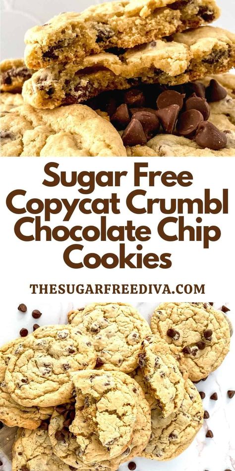 Sugar Free Copycat Crumbl Chocolate Chip Cookies, A tasty and inspired no added sugar dessert or snack recipe . Crumbl Chocolate Chip Cookies, Sugar Free Cookie Recipes, Sugar Free Chocolate Chip Cookies, Low Carb Chocolate Chip Cookies, Sugar Free Desserts Easy, Low Sugar Desserts, Sugar Free Baking, Sugar Free Recipes Desserts, Sugar Free Treats