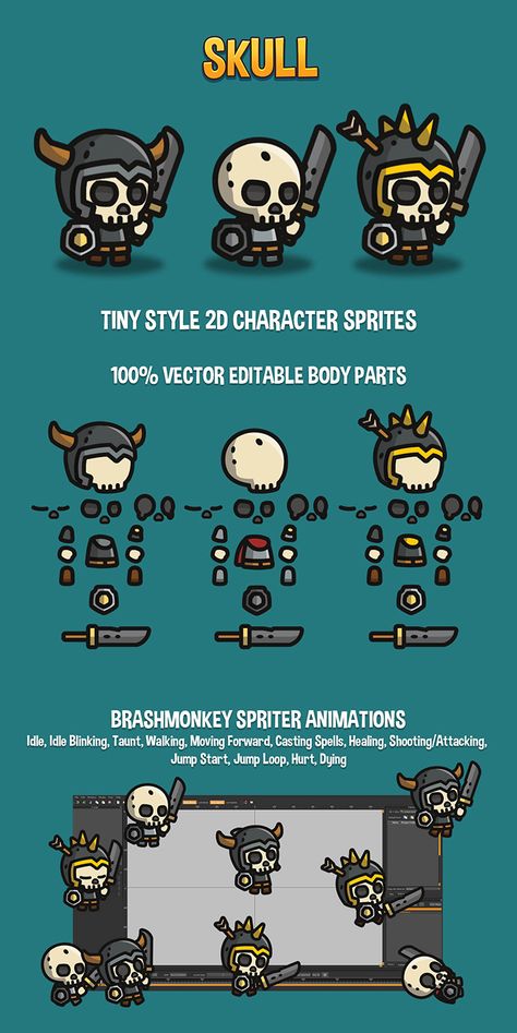 We publish Skull Tiny Style 2D Character Sprites. This set includes 3 skeleton warriors. Game Avatar Design, Warrior Pixel Art, 2d Art Style, 2d Character Design Game, 2d Game Art Character, 2d Game Character Design, Skeleton Pixel Art, Skull Pixel Art, Game Art Design