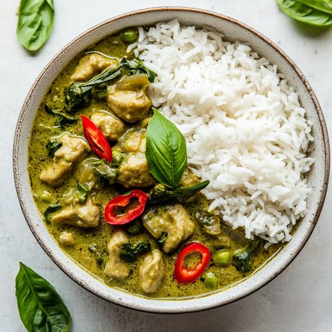 Thai Green Curry (Gang Kiew Wan) originates from Central Thailand and is known for its vibrant, rich flavor. The distinctive green color comes from the green chilies used in the curry paste, along with other ingredients like lemongrass, kaffir lime, galangal, and Thai basil. Traditionally made with chicken or beef, it is also popular with vegetables and tofu.

#ThaiGreenCurry #GreenCurryLove #ThaiCuisine #SpicyAndCreamy #CurryLovers #HealthyMeals #ComfortFood #QuickDinner #EasyThaiCooking Thai Green Curry Soup, Green Curry Vegan, Thai Green Curry Chicken, Thai Green Chicken Curry, Green Curry Recipes, Green Curry Chicken, Thai Green Curry, Curry Soup, Thai Cooking