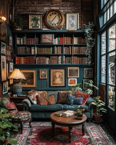 Bespoke Interior Design, British Apartment, Academia Classroom, Dark Academia Classroom, Dark Moody Room, Fantasy Cottage Interior, Sabrina House, Rustic Library, Eclectic Library