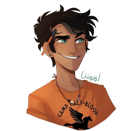 Percy Jackson, Green, Hair, Black, Art