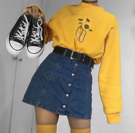 Rok Outfit, Rok Mini, Yellow Outfit, Hipster Outfits, Teenager Outfits, Indie Outfits, Mode Inspo, Mode Vintage, Teen Fashion Outfits