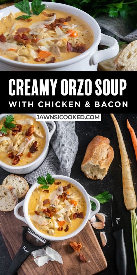 This quick and delicious Creamy Orzo Soup with Chicken and Bacon is made start to finish in one pot for a simple, hearty and delicious dinner! Creamy Orzo Soup, Chicken Orzo Soup Recipes, Orzo Soup Instant Pot, Creamy Chicken Orzo Soup, Soup Chowder, Orzo Soup Recipes, Creamy Orzo, Supper Tonight, Carb Cravings