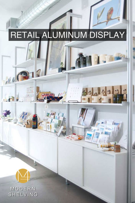 See how you can combine multiple RAD Displays to create a clean and modern retail display. The RAD design is strong enough to hold your item even with a 48” shelf span. All the shelves are independent so they can be at any height. It’s up to you to put the shelves at the same level or stagger. #aluminumdisplayshelving #shelving #clothingshelves #modernshelves Industrial Retail Shelving, Retail Shop Design, Organize Products, Colorful Maximalism, Retail Wall Displays, Merch Display, Retail Display Shelves, Merchandise Display, Space Optimization