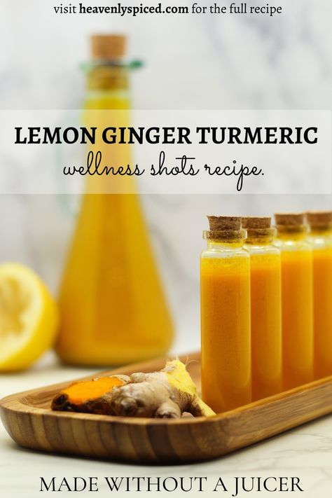 lemon ginger turmeric wellness shots recipe with a piece of ginger and turmeric root on a wooded plate with a white granite background Ginger Turmeric Shots, Wellness Juice, Lemon Ginger Turmeric, How To Make Juice, Ginger Shot Recipe, Juice Shots, Best Juicing Recipes, Juicing Recipe, Ginger Shots