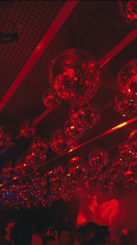 Dancing Red Aesthetic, Red Disco Ball Aesthetic, Red And Black Party Aesthetic, Red Disco Party, Goth Party Aesthetic, Big Party Aesthetic, Dark Red Decoration, Red Aesthetic Party, Red And Black Birthday Theme