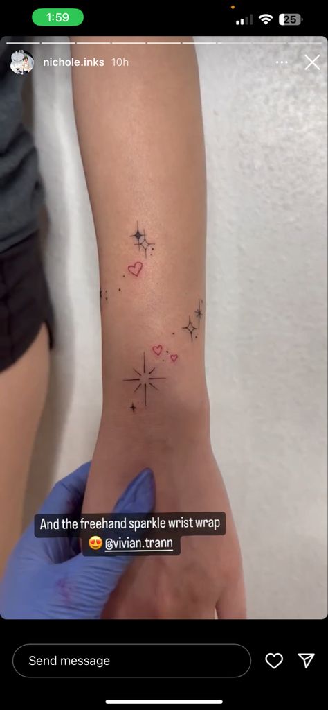 Constellation Wrap Around Tattoo, Wrist Wrapping Tattoos, Star Arm Band Tattoo, Stars Wrapped Around Arm Tattoo, Forearm Tattoo Women Stars, Wrist Sparkle Tattoo, Sparkle Arm Tattoo, Sparkle Tattoo Wrist, Star Wrap Around Tattoo