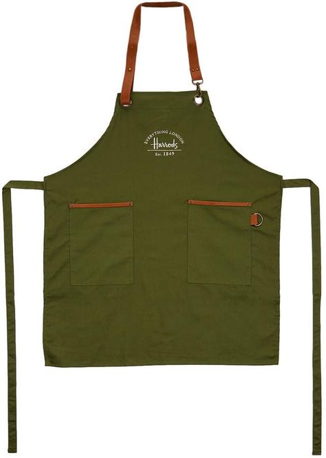 Harrods Logo Embroidered Apron, Green Pan Fried Buns, Fried Buns, Donuts Shop, Restaurant Brand Identity, Cafe Uniform, Brown Apron, Greens Restaurant, Waiter Uniform, Branded Aprons