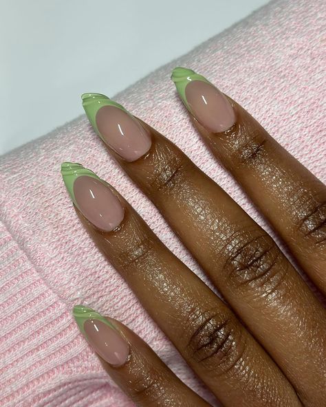 Sage green 🍈 #dovenailsbysharon #apresgelx #gelx | Instagram Green On Green Nails, Olive Green Almond Nail Designs, Acrylic Nails Olive Green, Sage Green Nail Inspo Almond, French Nails Green Tips, Back To School Nails Acrylic Almond, Hoco Nails Green, White Green Nails, French Tip Green