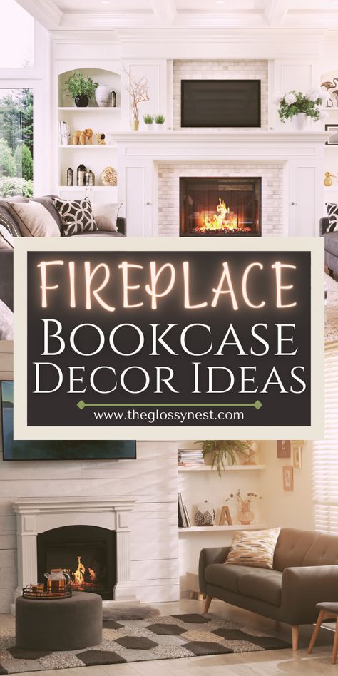 decorating fireplace built-ins Shallow Built In Shelves Around Fireplace, Fireplace Wall With Bookcases, Bookshelves Near Fireplace, Book Shelves Beside Fireplace, Beside Fireplace Shelving, Cabinets And Shelves Next To Fireplace, Bookcase On Either Side Of Fireplace, Tables On Either Side Of Fireplace, Fireplace Shelves Ideas