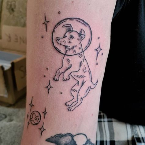 Laika Tattoo Dogs, Laika The Space Dog Tattoo, Patchwork Dog Tattoo, Laika Dog Tattoo, Dog In Space Tattoo, Astronaut Dog Tattoo, Unique Pet Tattoos, Laika Space Dog Tattoo, Cat Astronaut Tattoo