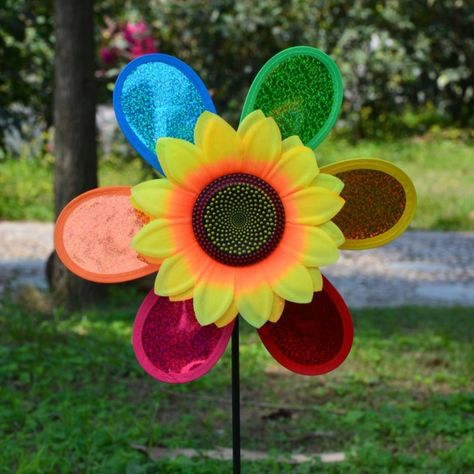 OOTDTY Colorful Sequins Sunflower Windmill Wind Spinner Home Garden Yard Decoration Garden Whirligig, Flamingo Ornament, Blowing Up Balloons, Planter Bags, Diy Lawn, Lawn Art, Outdoor Toys For Kids, Landscape Materials, Lawn Decor