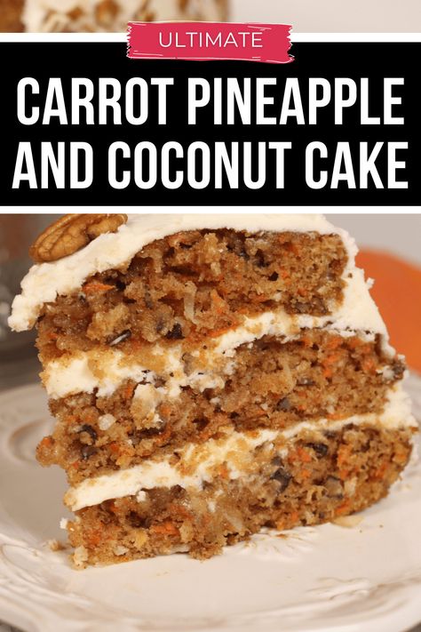 This Ultimate Carrot Cake with Pineapple and Coconut is a dream come true! This isn't your average carrot cake – it's a flavor explosion that combines the warm spices of classic carrot cake with the juicy sweetness of pineapple and the delightful chew of coconut. Carrot Cake Pineapple Coconut, Pineapple Spice Cake, Organic Carrot Cake, Carrot Cake Recipe With Pineapple And Coconut, Spanish Bar Cake Recipe A&p, Carrot Coconut Cake, Cashew Cake Recipe Aruba, Keto Pineapple Cake, Best Carrot Cake Recipe With Pineapple And Coconut