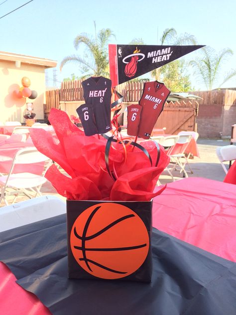 Miami Heat Centerpiece Miami Heat Party Decorations, Miami Heat Party Ideas, Miami Heat Birthday Party Ideas, Clemson Party, Miami Heat Party, Sweet 16 For Boys, Basketball Banquet, Basketball Themed Birthday Party, Basketball Theme Birthday