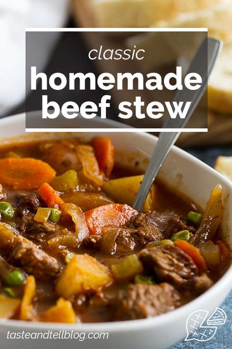 This Beef Stew is the perfect comforting stew for chilly nights or Sunday dinners. This homemade stew is filled with beef, potatoes, carrots, celery and peas for the perfect cold weather meal. #recipe #comfortfood #beef #beefstew Homemade Beef Stew Recipes, Stew Crockpot, Beef Potatoes, Stew Beef, Crockpot Recipes Beef Stew, Crockpot Stew, Hearty Beef Stew, Homemade Beef Stew, Beef Soup Recipes