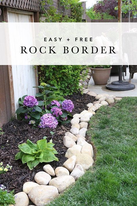 This beautiful river rock border is a cheap/free and easy way to add beauty and distinction to your planter beds or garden. Follow these tips for the most gorgeous and inexpensive planter trim. Aesthetic Cabinets, River Rock Border, River Rock Planter, Rock Planters, Rock Border, Planter Beds, Entertaining Friends, Rock Garden Landscaping, Dry Creek