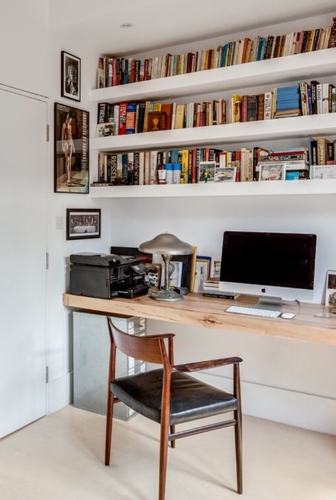 Like the desk and built in shelves Floating Desk Built In, Bookcase Over Desk, Desk Unit With Shelves, Desk In Shelves, Built In Desk Small Office, Full Wall Desk And Shelves, Shelves Above Office Desk, Office Desk Shelves, Desk Bookshelves Combo