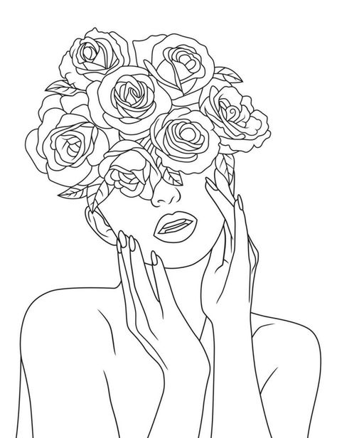 Sensual flower head Feminine Illustration line drawing. Woman face with flowers line art Flowers Coming Out Of Head Drawing, Flower Head Drawing, Flower And Face Drawing, Face With Flowers Drawing, Flower Head Art, Flower Face, Watercolor Woman Face, Side View Drawing, Watercolor Woman