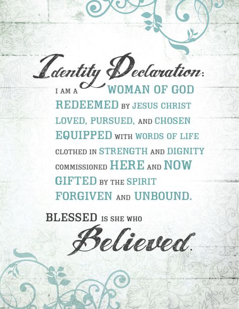 Sisters in Christ Jesus, I would like to share with you this wonderful declaration of our identity in God,  written by Beth Moore.  May it bless you, as it did my heart when she shared during the L... A Woman Of God, Woman Of God, I Am A Woman, Beth Moore, Living Proof, Christian Life, Words Of Encouragement, Word Of God, Christian Quotes