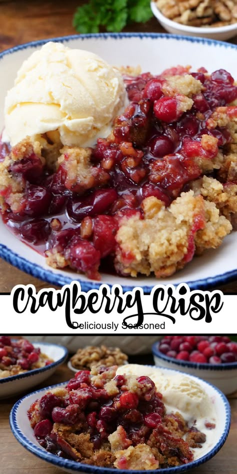 A close up of a bowl filled with a serving of homemade cranberry crisp. Cranberry Apple Crisp, Cranberry Recipes Dessert, Cranberry Crisp, Apple Cranberry Crisp, Tart Flavors, Autumn Dessert, Cranberry Dessert, Cranberry Apple, Fruit Crisp