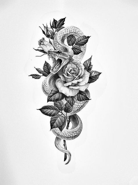 Big Sleeve Tattoos For Women, Snake Tattoo On Spine Women, Side Piece Cover Up Tattoos For Women, Big Tattoos For Women Leg, Medusa Spine Tattoo, Snack Tattoo, Rose And Snake Tattoo, Snake And Flower Tattoo, Snake Tattoos For Women