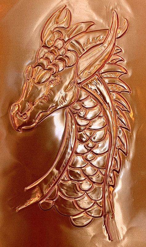 Metal embossed dragon on Copper, Metal Carving Design, Copper Embossing Ideas, Repousse Art Projects, Copper Foil Art, Metal Repousse, Copper Tooling, Copper Diy Projects, Etched Metal Jewelry, Copper Embossing