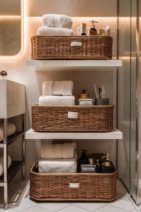 25 Bathroom Storage Ideas [Within Budget] – craftydiyers.com Shelf With Baskets Bathroom, Bathroom Shelves And Storage, Bathroom Organization Open Shelves, Bathroom Storage Open Shelving, Bathroom Open Shelving Organization, Small Bathroom Product Organization, Bamboo Shelves Bathroom, Bathroom Storage Basket Ideas, How To Store Bathroom Products