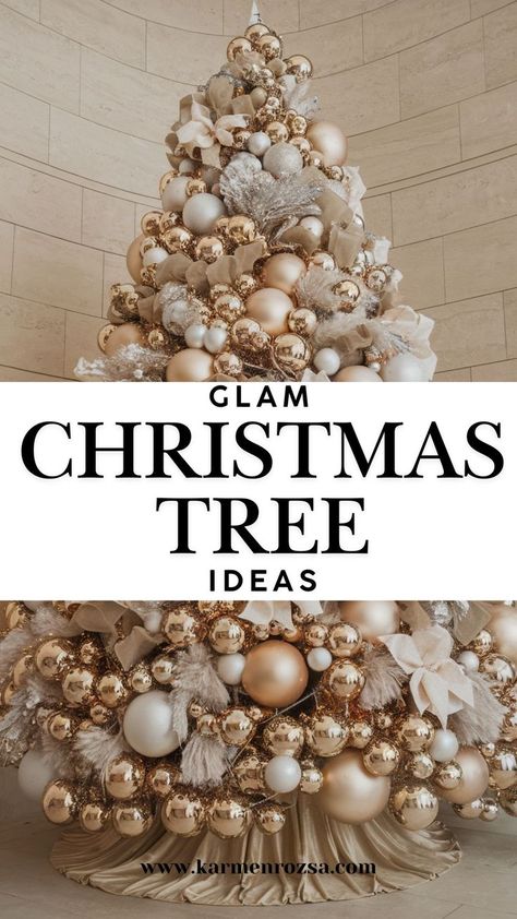 Glam Christmas Tree Ideas-30 Christmas Tree Ideas and Themes. For those who love to sparkle, a glam Christmas tree is a must! Deck it out with glittery gold and silver ornaments, crystal garlands, and sequins. This Christmas tree idea adds dazzling elegance to your Christmas tree decorations and will light up any room. Luxury Christmas Tree Ideas, Diy Glam Christmas Decor, Feminine Christmas Tree, Ornament Placement On Christmas Tree, Burlap Christmas Tree Ideas, Diy Grinch Christmas Tree, White And Green Christmas Tree, Green Christmas Tree Ideas, Glam Christmas Decor Ideas