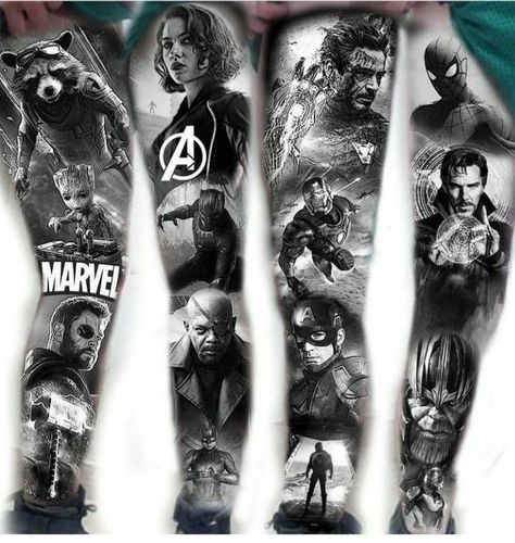 Superhero Sleeve Tattoo, Iron Man Sleeve Tattoo, Tattoos Sleeves For Guys, Marvel Dc Tattoo, Marvel Tattoo Sleeve Black And White, Marvel Full Sleeve Tattoo, Marvel Sleeve Tattoo For Men, Marvel Sleeve Tattoo Woman, Marvel Leg Tattoo