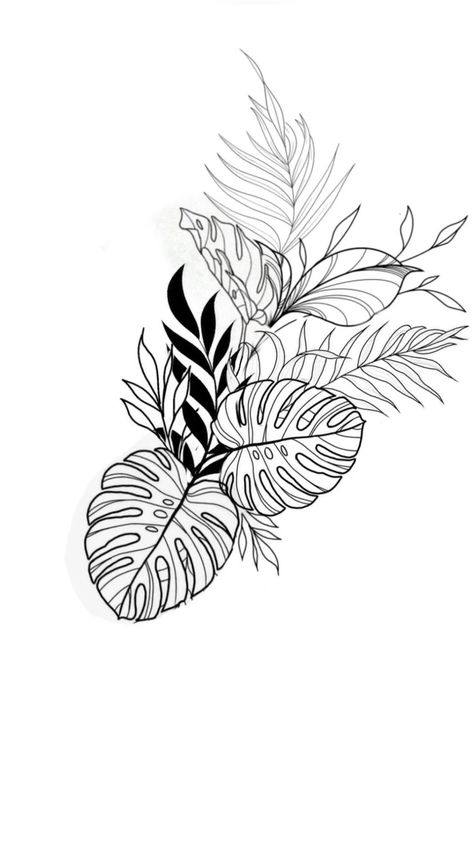 Tropical Leaves And Flowers Tattoo, Tropical Plants Tattoo Design, Black And White Plant Tattoo, Palm Leaf Tattoo Design, Leaf Filler Tattoo, Tropical Bird Tattoo, Jungle Leaf Tattoo, Foliage Tattoos, Jungle Leaves Tattoo