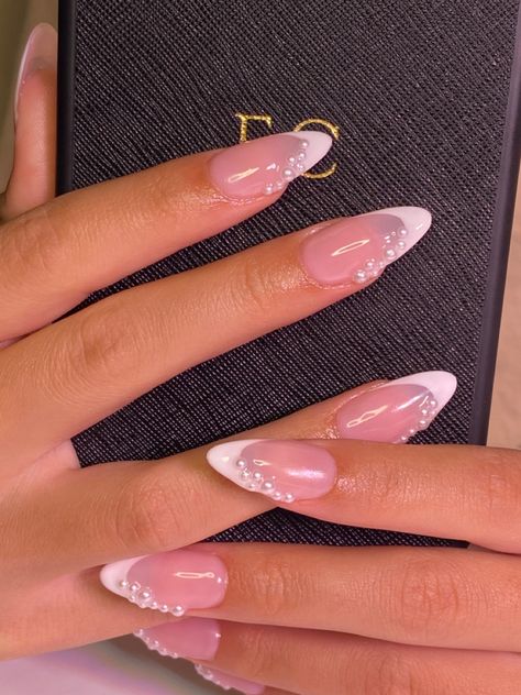 Classy Feminine Nails, White Pearl French Tip Nails, Pearl Embellished Nails, Almond With Pearls, Nails With Pearls And Rhinestones, Bridal Nails With Gold, Ombre Nails With Pearls, Fancy Prom Nails, Acrylic Nail Designs Wedding