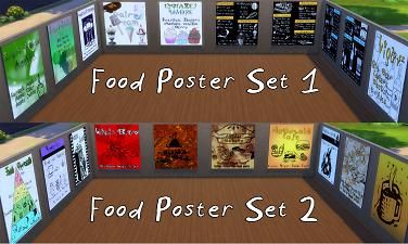 Mod The Sims - Simlish Food Advertisement / Menus Posters Set of 20 Sims 4 Restaurant, Food Advertisement, Pizza Poster, Sims 4 Studio, Large Posters, Movie Snacks, Bar Poster, Food Pyramid, Sims 4 Update